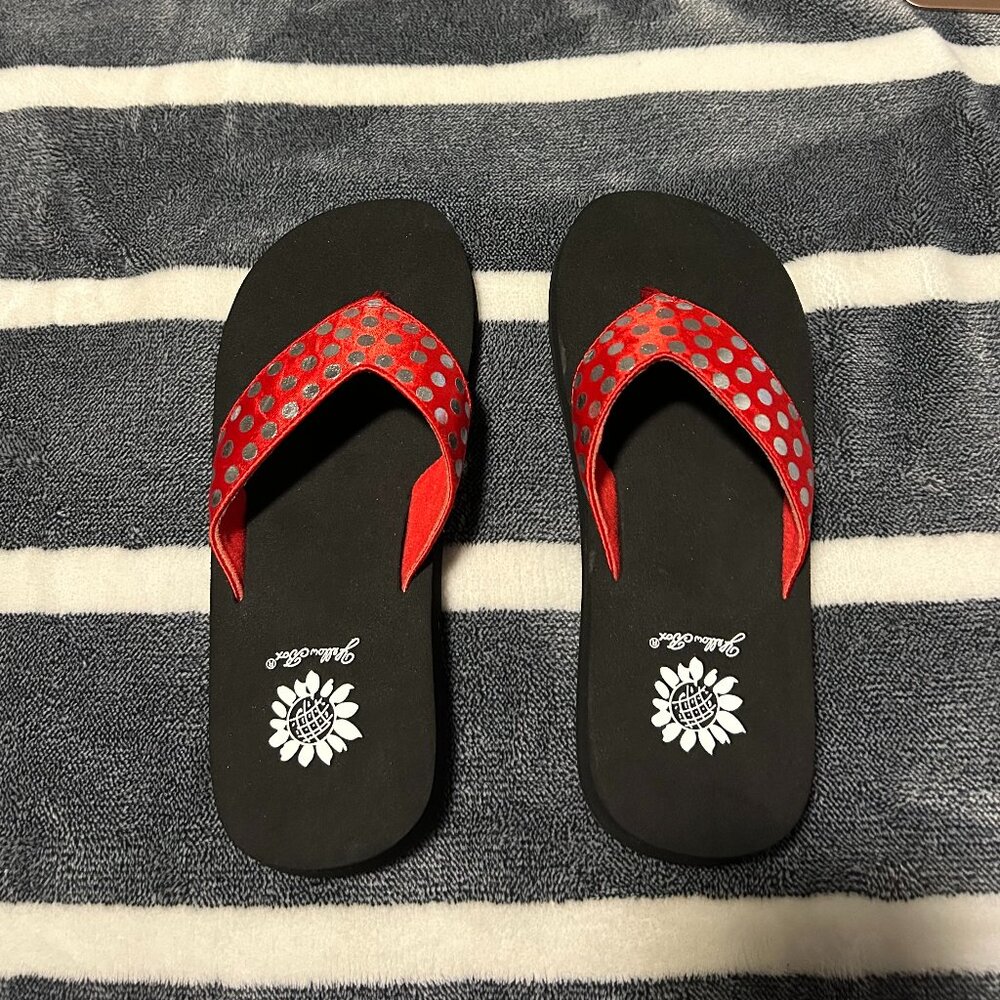 Red Polka Dot Yellow Box flip flops